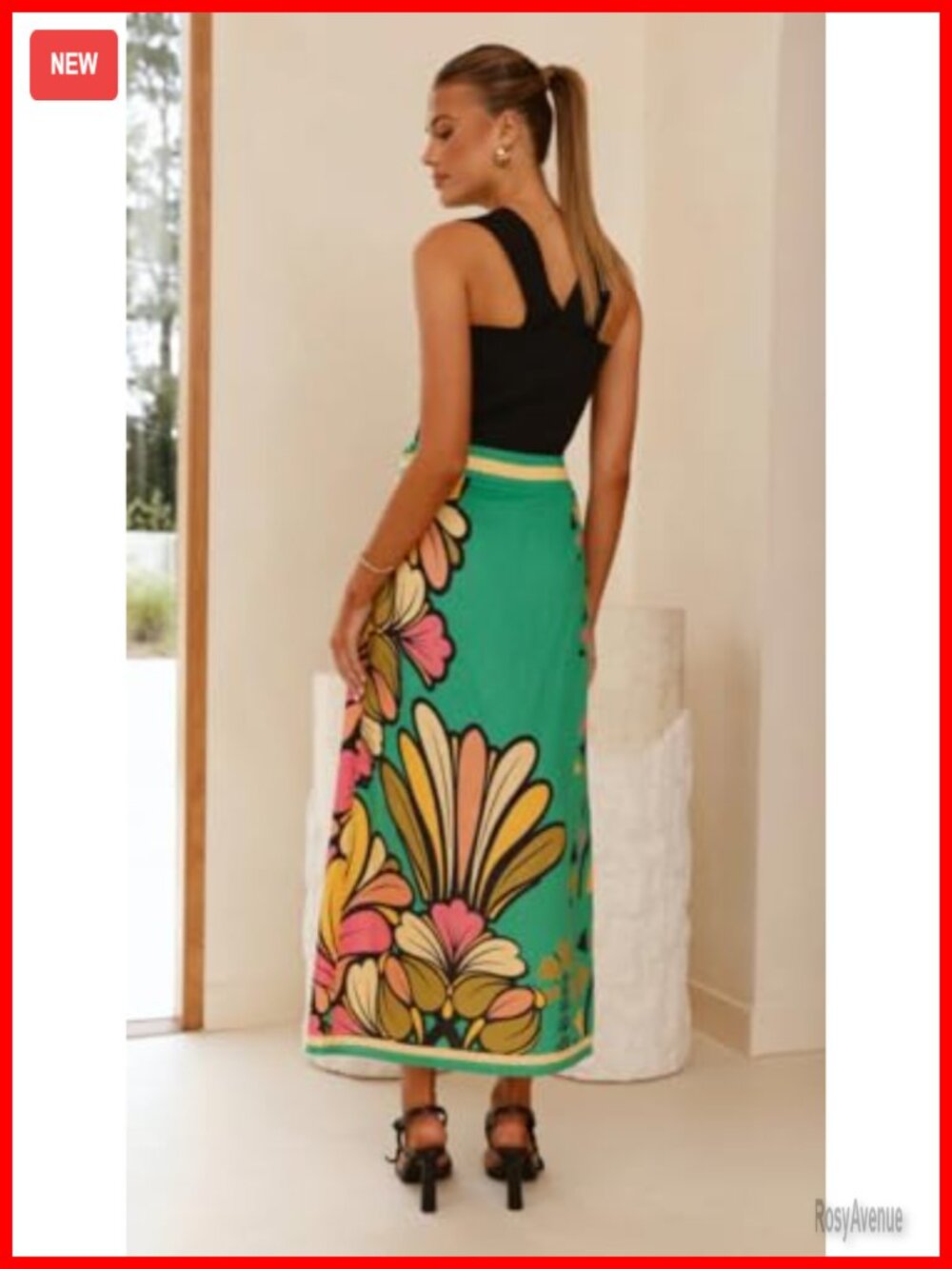 Floral Print Midi Skirt High Waist Front Split Casual Summer - Picture 2 of 4
